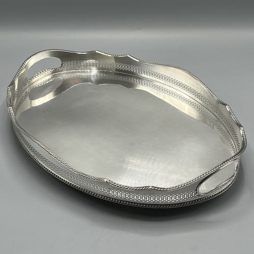 Antique Silver Plated Gallery Serving Tray Cocktail Drinks Tea Handles Feet Vtg — image 1