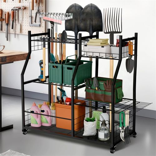 Garden Tool Organizer with Lockable Wheels Heavy Duty Garage Tool Storage Basket — image 4