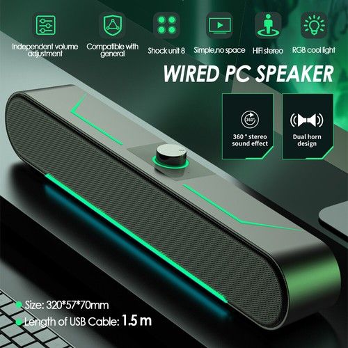 LED Wired Sound Bar Stereo Gaming Speakers USB For TV Computer PC Tablets Laptop