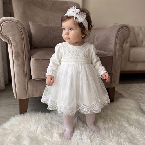Baby Girl Toddler Special Occasion Lace Dress Headband IVORY — image 2