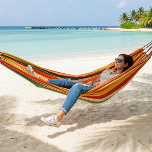 Cotton Hammock Heavy Duty Portable with Straps Carabiners Camping Garden Outdoor — image 4