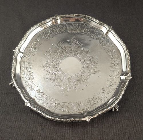 Antique English EPGS Footed Salver Ornate Victorian Silver Plate Serving Tray