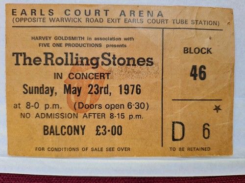 THE ROLLING STONES ORIGINAL TICKET STUB SUNDAY MAY 23RD 1976 EARLS COURT LONDON
