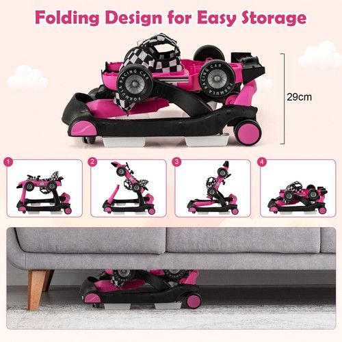 4 in-1 Adjustable Baby Walker Folding Infant Walker Toy Activity Center-Pink