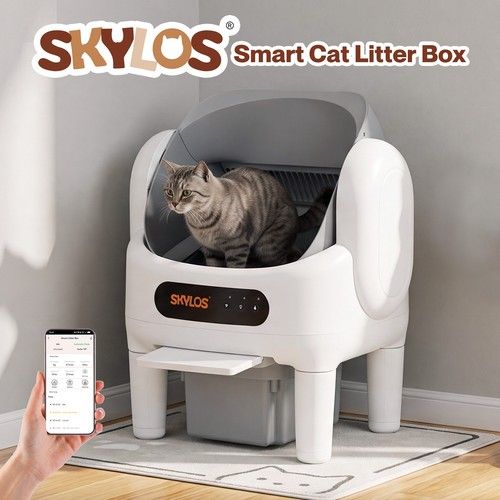 Skylos Cat Litter Tray Self Cleaning App Control Quiet for Multi Cats White