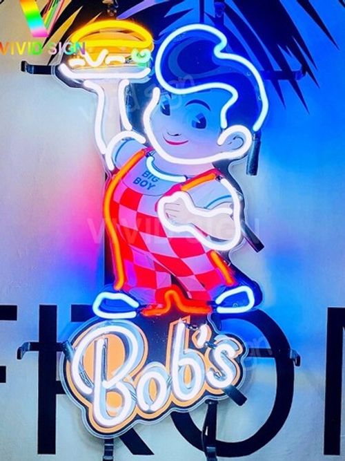Big Boy Bob's Burger Neon Sign Light Fast Food Shop Wall Hanging Artwork 19"x12"
