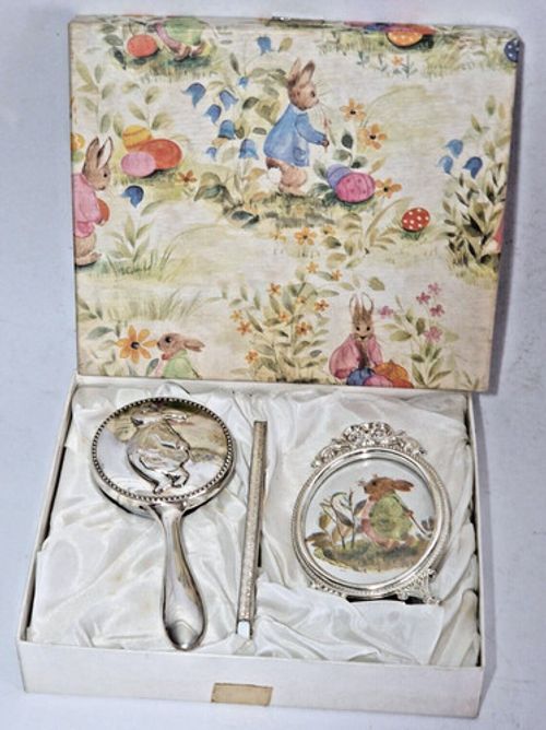 BOXED VINTAGE CHILDS SET - SILVER PLATED BUNNYKINS PETER RABBIT BRUSH COMB PHOTO