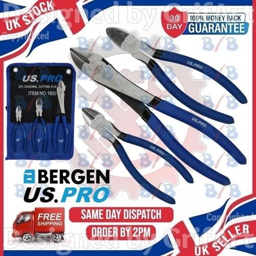 US PRO 3PC DIAGONAL SIDE CUTTING PLIERS WIRE CABLE SNIPS 6" 8" 10" LONG SET
