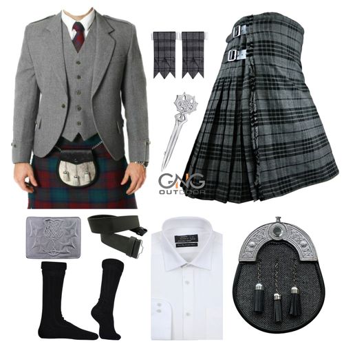 Scottish Men's Grey Wool Argyle Jacket kilt outfit 9 Items Wedding kilt set — image 1