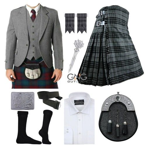 Scottish Men's Grey Wool Argyle Jacket kilt outfit 9 Items Wedding kilt set