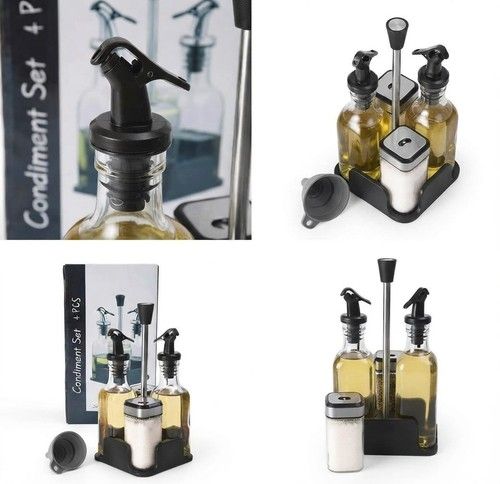 Cruet Condiment Set 4Pcs Oil Vinegar Dispenser Caddy Glass Bottle Seasoning 