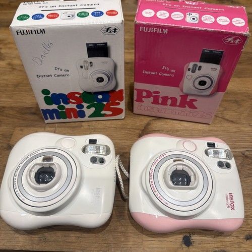 2x Fujifilm Instax Mini 25 White & Pink 60mm Portable  Instant Film Cameras