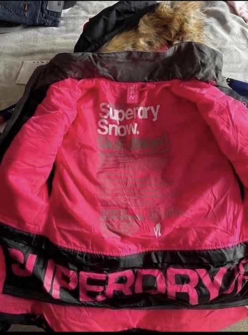 Superdry Snow Women’s Ski Jacket Grey/Pink Hooded Faux Fur Full Zip Size S — image 6
