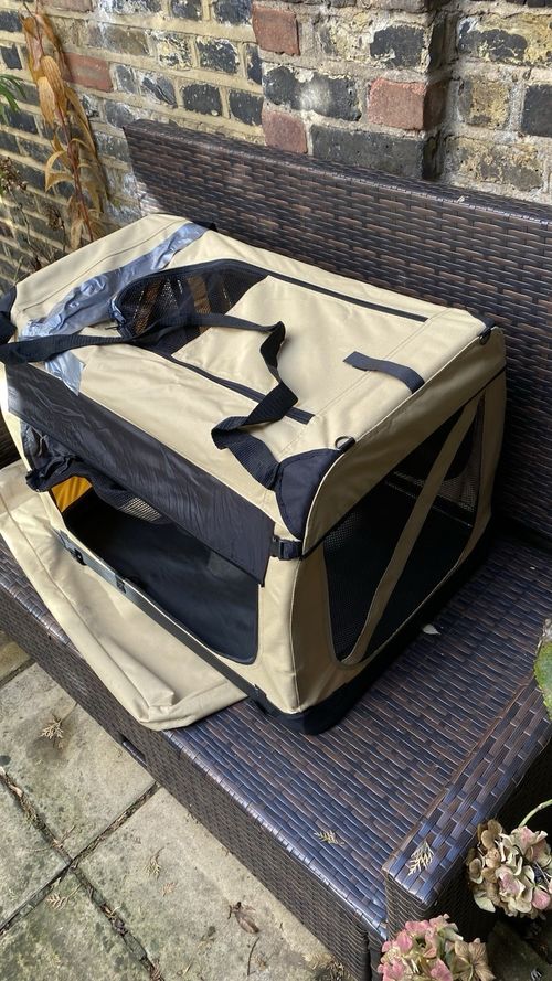 Soft-Sided Dog Travel Crate Carrier, Beige/Black, L — image 2