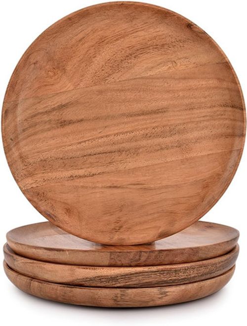Acacia Wood Dinner Plates Set of 4 for Dishes Snack, Dessert Natural Wood Plates