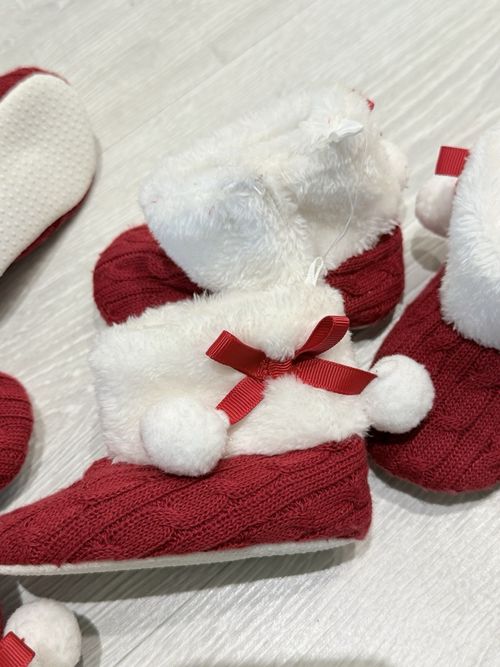 Christmas Unisex Baby Red/White Knit Booties Faux Fur Bow Pom Poms 12-18M — image 5