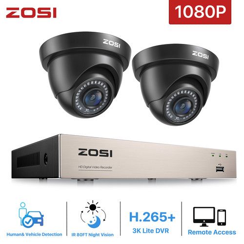 ZOSI 8 Channel 1080P CCTV System 2pcs Home Security Cameras H.265+ DVR AI Detect