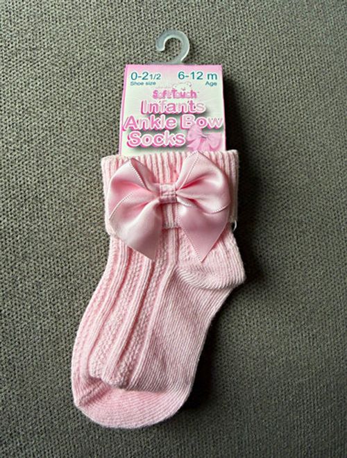 Soft Touch Girls Pink Ribbed Ankle Socks Bow 6-12 Months UK 0-2.5 1pr