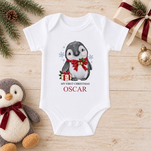 Personalised Baby Christmas Outfit Jingle Bell Penguin Sleepsuit Vest Bib Name — image 2