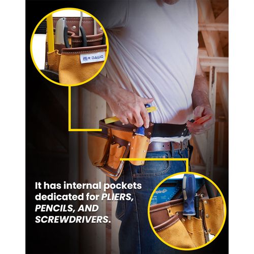 10 Pockets Tool Belt Leather Double Pouch Builders Suede Apron Work Bag Holder — image 3