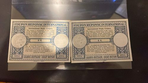 2x International Reply Coupon Great Britain 6d Pre-Decimal Used Postal History