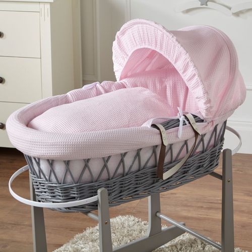 Baby Moses Basket With Stand - Pink Waffle / Grey Wicker | Mattress And Bedding — image 6