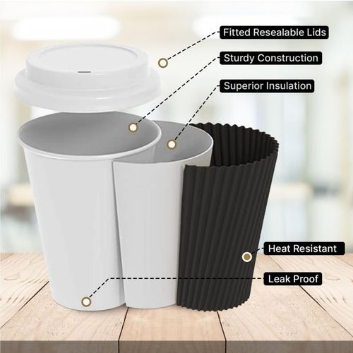 100 Pack Ripple Paper Coffee Cups & Lids | Disposable Hot Drink Cups | Black | — image 2