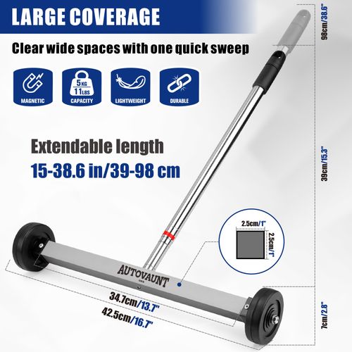 17" Rolling Magnetic Sweeper w/ Wheels Pick Up Nails Screws Adjustable Handle — image 2