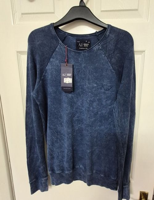 Armani Jeans Men's Blue Acid Wash Crew Neck Cotton Logo Jumper Long Sleeve S