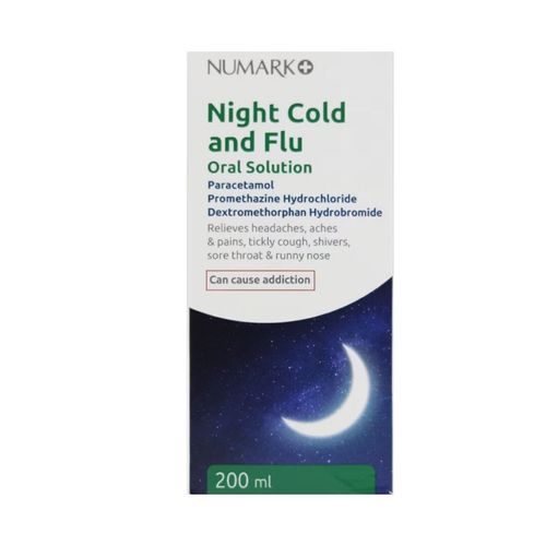 Numark Night Cold & Flu Oral Solution - 200ml - Relieves Cold/Flu/Aches/Pain - — image 2
