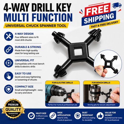 4 IN 1 UNIVERSAL DRILL POWER TOOL CHUCK KEY 1/4" 3/8" 1/2" 5/8" CHUCK SIZES