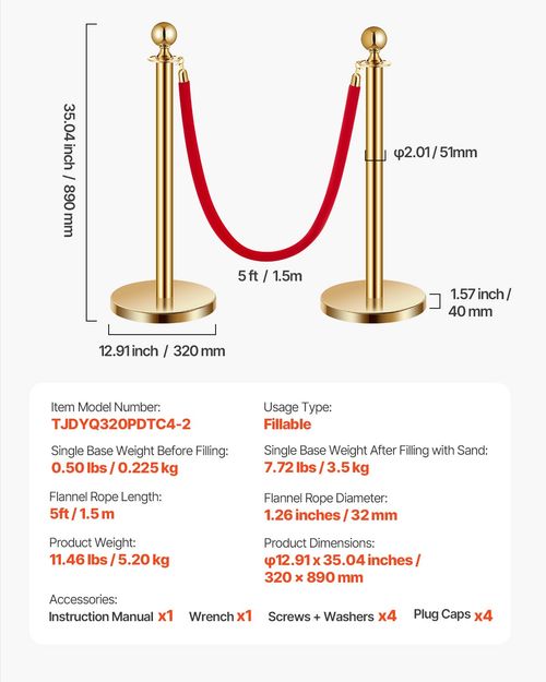 VEVOR 4 Pcs Gold Stanchion Post 2 Red Velvet Ropes Sand Injection Hollow Base — image 7