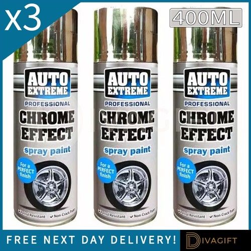 3 x CHROME EFFECT SPRAY PAINT 400ML FOIL MIRROR METALLIC CAR AUTO DIY AEROSOL