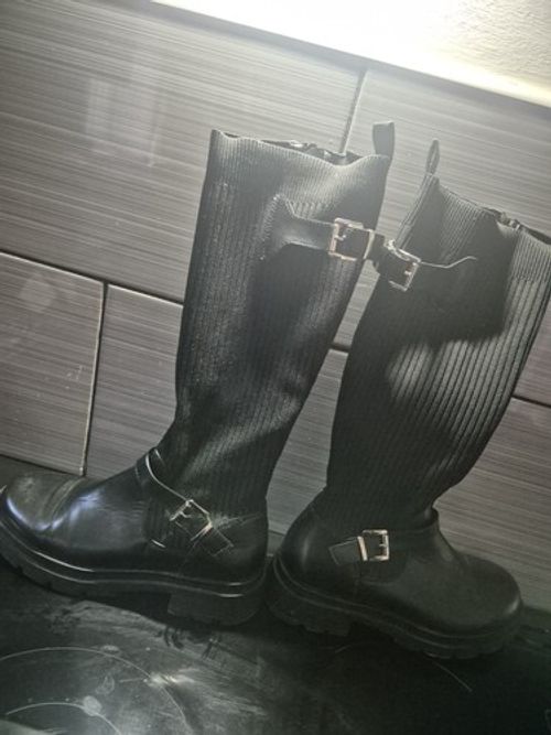Women's Black Knee High Biker Leather Boots Buckle Zip Chunky Sole UK 6 EU39