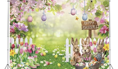 Easter Bunny Eggs Spring Garden vinyl Reusable Backdrop/Background 8x6ft — image 3
