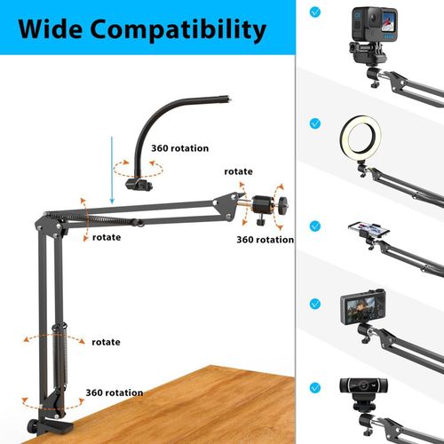 Adjustable Overhead Phone Camera Mount with Ring Light Scissor Arm Stand Tripod — image 8