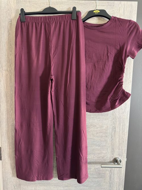 Women's Wine Burgundy Size M 2 Piece Co Ord Lounge Set Wide Leg Trousers UK WFH — image 12