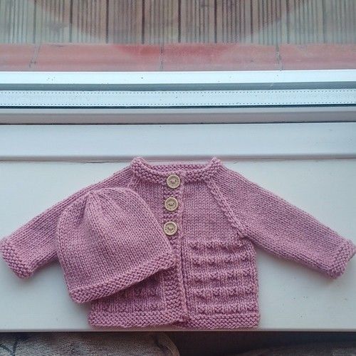 Handmade Knitted Pink Newborn Cardigan And Hat Set.
