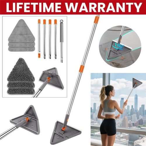 Cleaning Triangle Mop Wet & Dry Mop for Floor Ceiling Wall 180° Rotatable 6 Pads