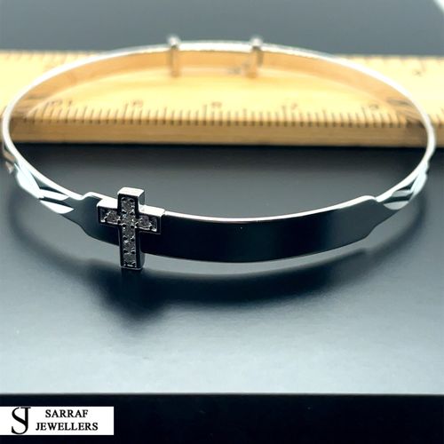 Personalized 925 Sterling Silver Christening Baby Bangle D/C Cz Cross Engravable — image 2