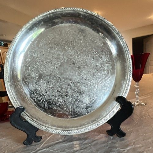 Victorian Silverplated Round Platter/Tray Floral Scroll Engraved Rope Edge