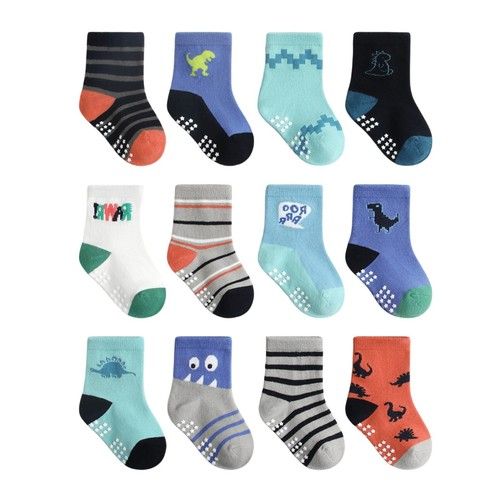 12 Pack Non Slip Kids Toddler Baby Socks with Grips Cotton Crew Socks Boys Girls
