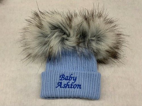Personalised Unisex Baby Boy Girl Hat Faux Pom Pom Baby Shower Gift Name Year
