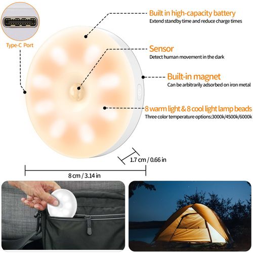 daphomeu 6 Pcs Motion Sensor Lights Indoor USB Rechargeable 6 pièces, White — image 4