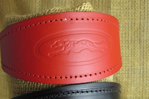 Greyhound collar, leather, embossed with padded lining,various colours.