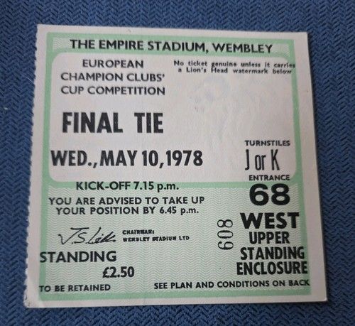 LIVERPOOL V FC BRUGES EUROPEAN CUP FINAL TICKET 1978 EXCELLENT CONDITION