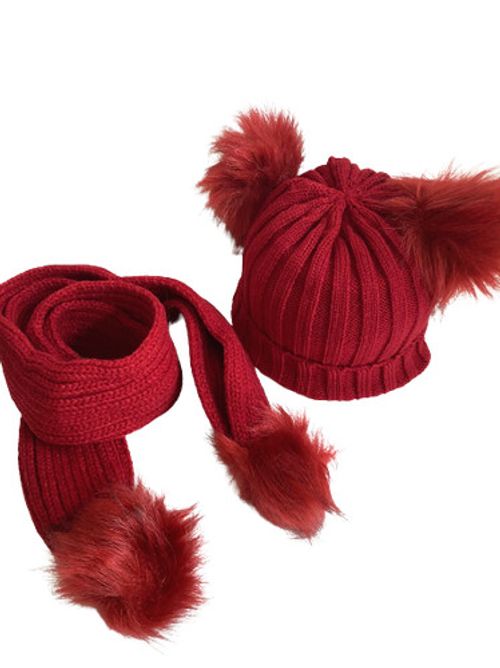 Baby Double Pom Pom Hat and Long Scarf Set Bobble Beanie Knit Hat Boy Girl 0-3yr