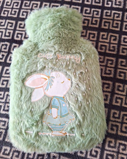 Green Faux Fur Hot Water Bottle Cover, Animal Theme Fuzzy Faux Fur 250ML