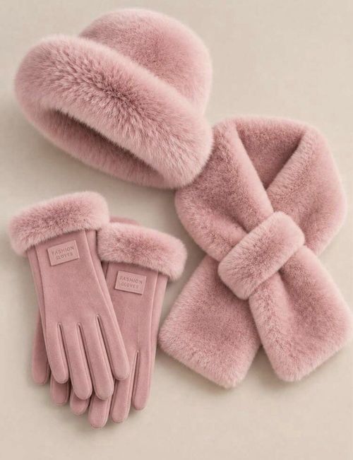 3pc Women's Winter Faux Fur Hat Scarf Gloves Set, Plush Bucket Hat, Cross Scarf — image 6