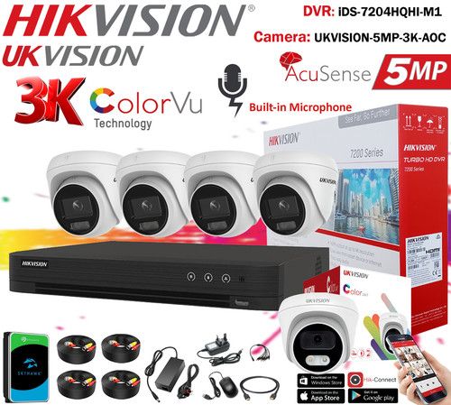 HIKVISION 5MP ColorVu CCTV Camera Audio System DVR + 1TB Hard Drive BNC Cable UK